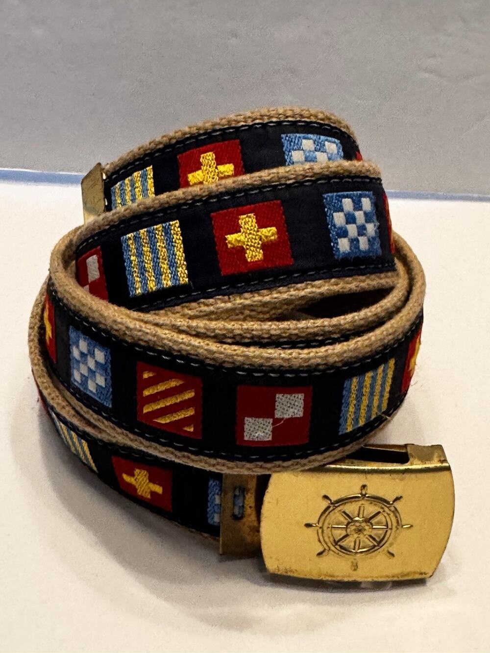 Skipper FLA Brass Nautical Flag Ribbon Slide Belt Vintage